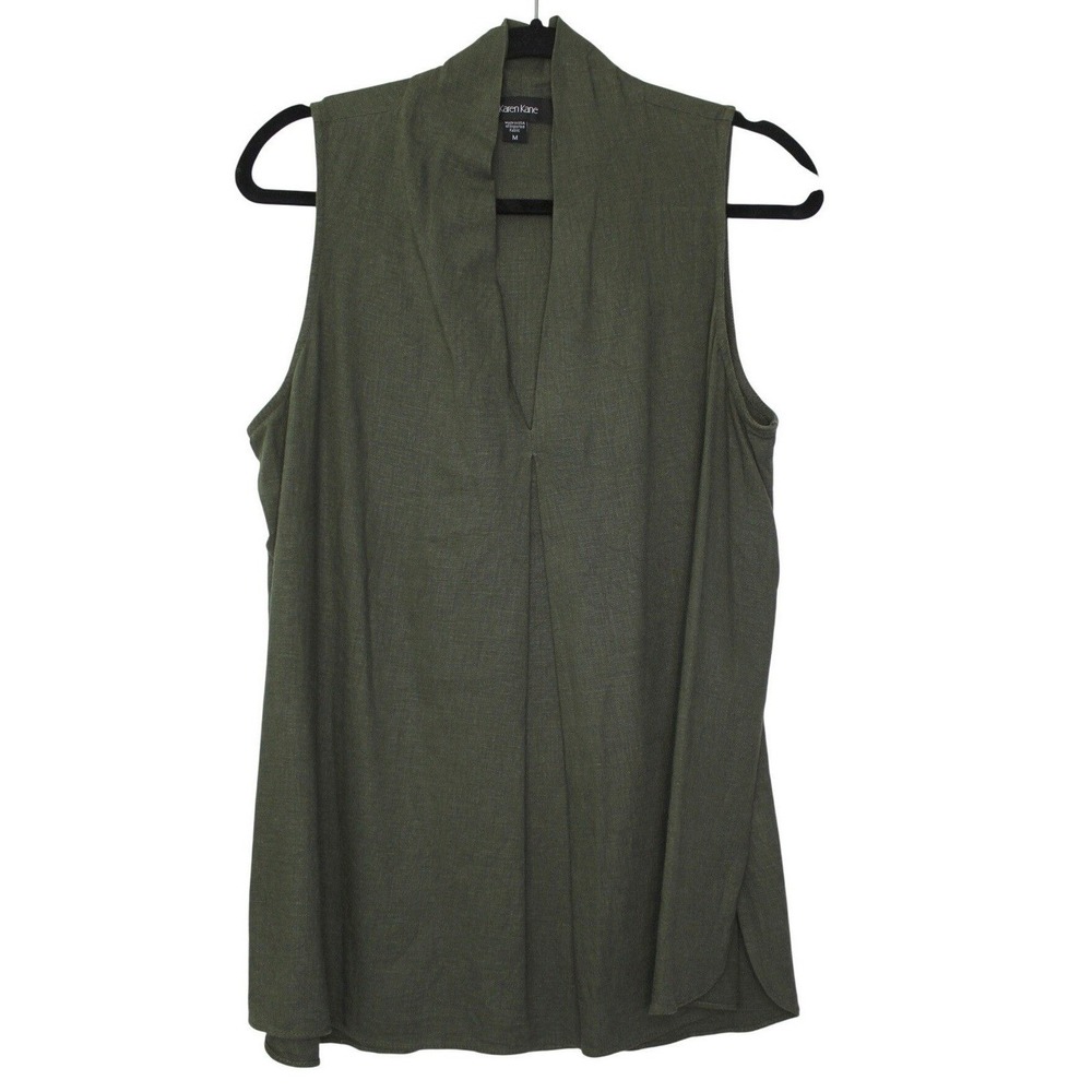 Karen Kane Sleeveless Top Shawl Collar V-Neck Womens Medium Olive Linen Blend